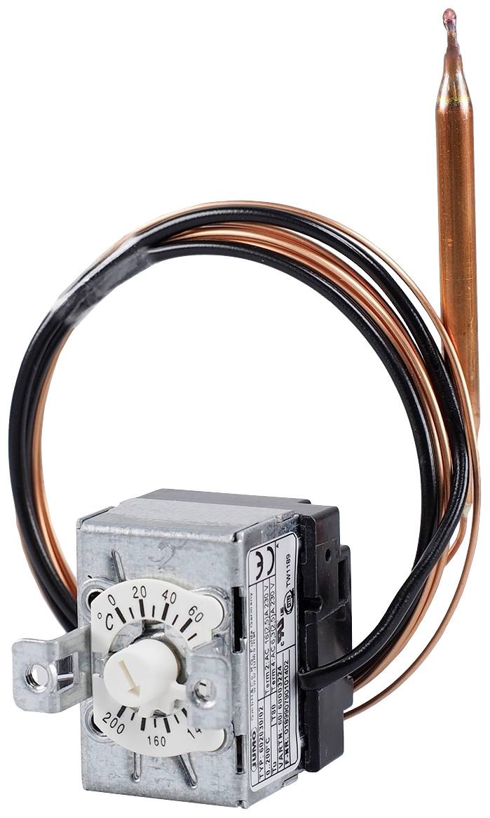 Un thermostat avec un bouton rotatif pour le réglage de la température et un capteur en cuivre. Échelle de 0 à 160.