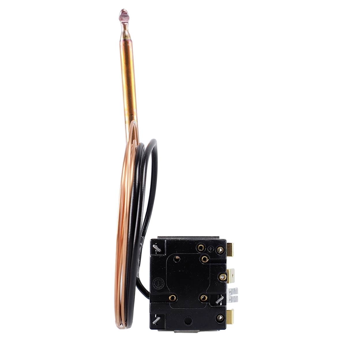 Un thermostat avec un long tube en cuivre et un boîtier noir. Le tube en cuivre est enroulé et relié au boîtier.