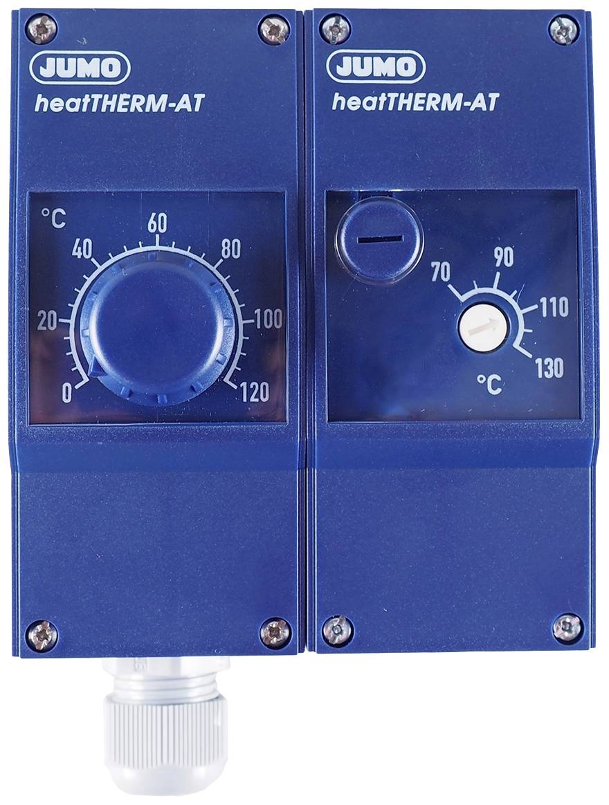 Deux thermostats bleus avec un affichage gradué de 0 à 120 °C, de la marque 'JUMO heatTHERM-AT', montrant la régulation de température.