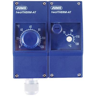 Deux thermostats bleus avec un affichage gradué de 0 à 120 °C, de la marque 'JUMO heatTHERM-AT', montrant la régulation de température.