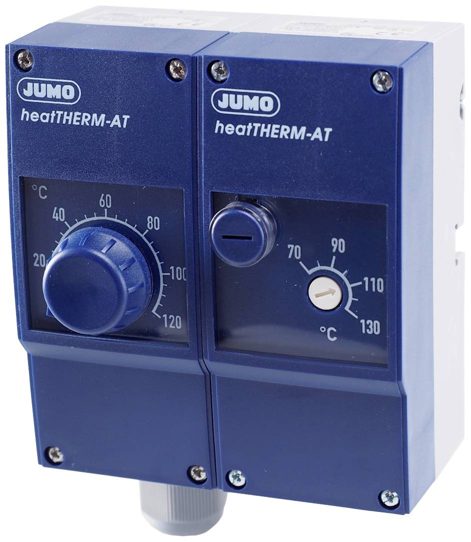 Deux thermostats bleus avec des graduations de 0 à 130 degrés Celsius, chacun équipé d'un bouton rotatif pour le réglage de la température.