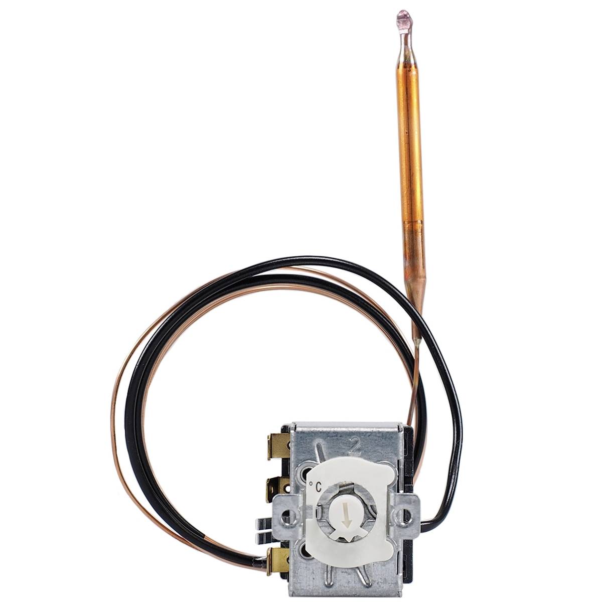 Thermostat à tige avec tube capillaire et capteur de température, utilisé pour le contrôle de la température dans les systèmes de chauffage.
