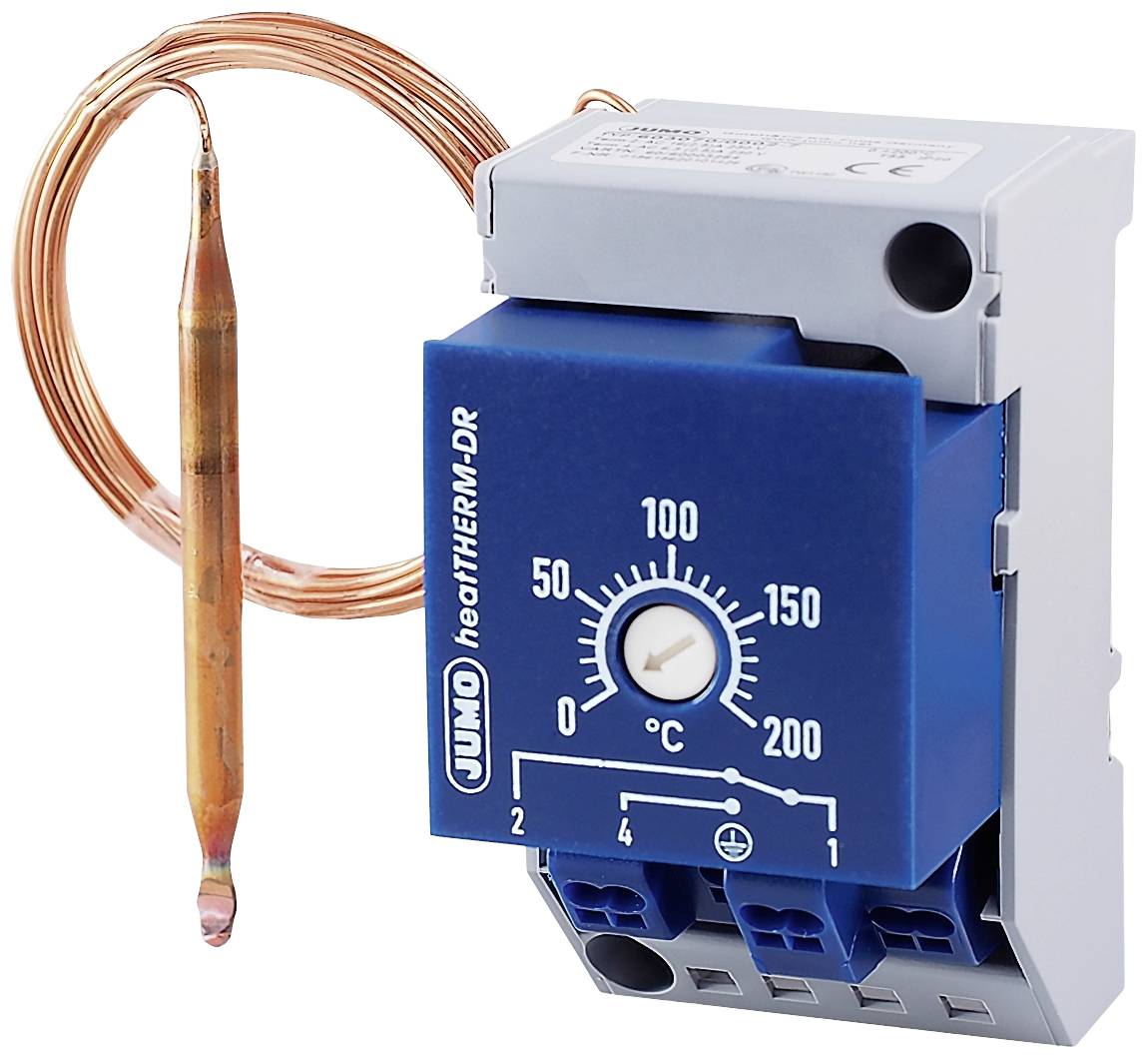 Régulateur de température électrique avec échelle de 0 à 200°C, bouton de réglage bleu, sonde en cuivre, nom de marque 'Junio heatTHERM-DR' sur l'appareil.