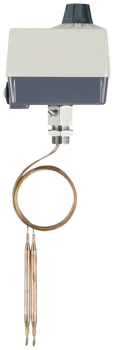 Thermostat avec capteurs de température en cuivre, reliés par un fil. Dispositif de régulation de température pour systèmes de chauffage ou de refroidissement.
