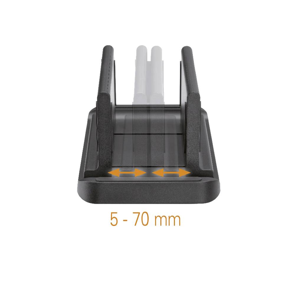 Support noir ajustable capable de maintenir des appareils d'une largeur de 5 à 70 mm. Des flèches indiquent la fonction extensible.