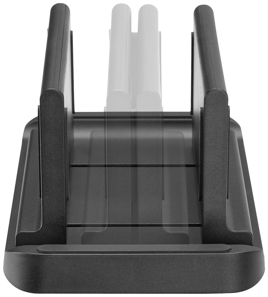Support vertical réglable noir pour ordinateur portable avec deux supports, conçu pour un rangement économe en espace sur les bureaux.