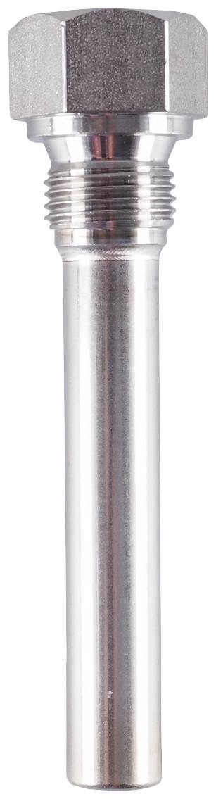 Sonde métallique cylindrique argentée, dotée d'une tête hexagonale et d'un filetage à son extrémité supérieure.