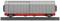 Un wagon de marchandises gris et rouge sur des rails, vue latérale.
