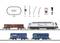 Train miniature avec voie ovale, deux wagons de marchandises, une locomotive et accessoires. Locomotive avec logo 'RheinCargo'.