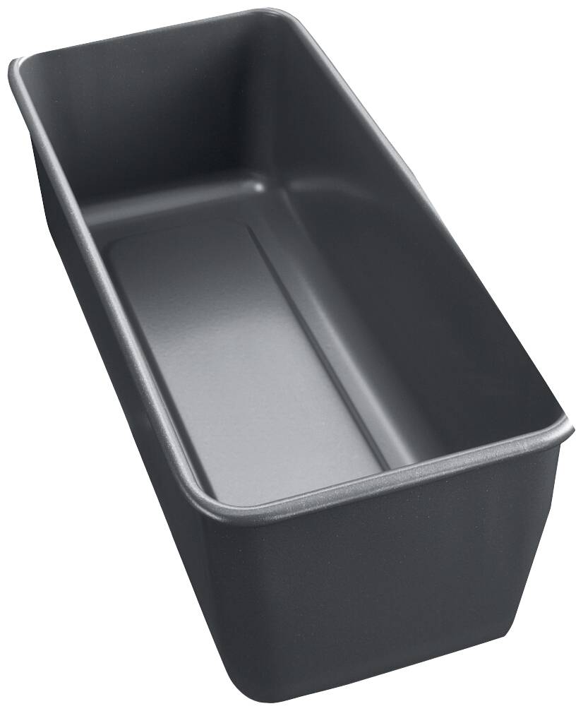 Un moule rectangulaire profond en métal noir, à surface lisse, pour la cuisson.
