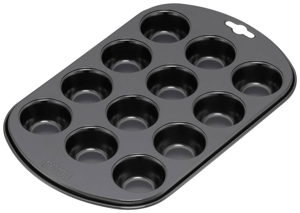 Moule à pâtisserie en noir antiadhésif avec douze cavités rondes. Idéal pour la préparation de muffins ou de cupcakes.