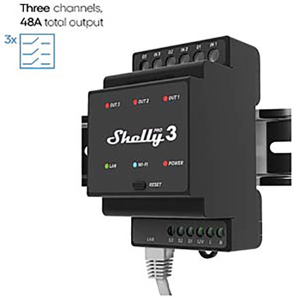 'Tableau de commutation noir avec l'inscription Shelly Pro 3'. Affiche trois canaux, sortie totale de 48A. Comprend des connexions et des LED avec des étiquettes.