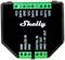 Un module électrique noir avec des connecteurs verts et l'inscription blanche 'Shelly'. En haut : VCC, DATA, GND ; en bas : ANALOG IN, DIGITAL IN, VREF OUT, R1 OUT.
