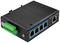 Commutateur Ethernet industriel à huit ports, adapté aux réseaux dans des environnements difficiles, boîtier robuste noir, ports verts et noirs.