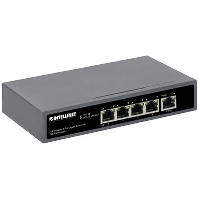 Un switch Gigabit de 5 ports gris d'Intellinet avec support PoE, tous les ports et voyants visibles sur la face avant.