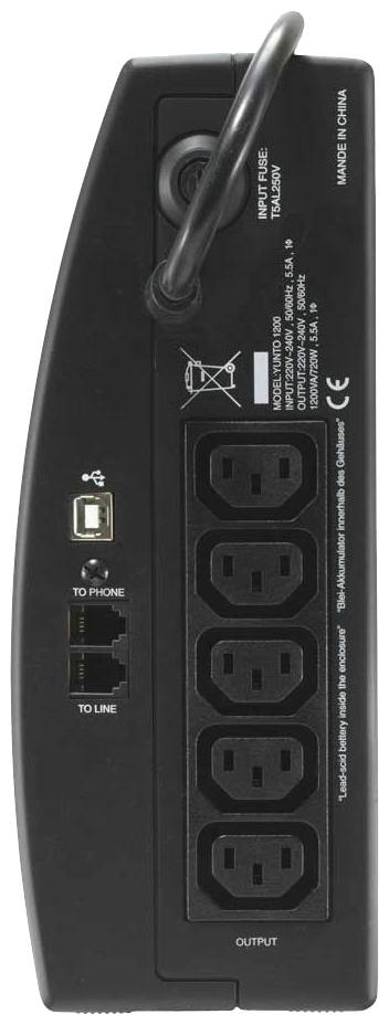 Un onduleur (UPS) avec six prises électriques et ports, comprenant des ports USB et réseau téléphonique.