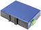 Un appareil électrique bleu, rectangulaire, à surface texturée et doté d'un bloc de connexion vert sur le côté.
