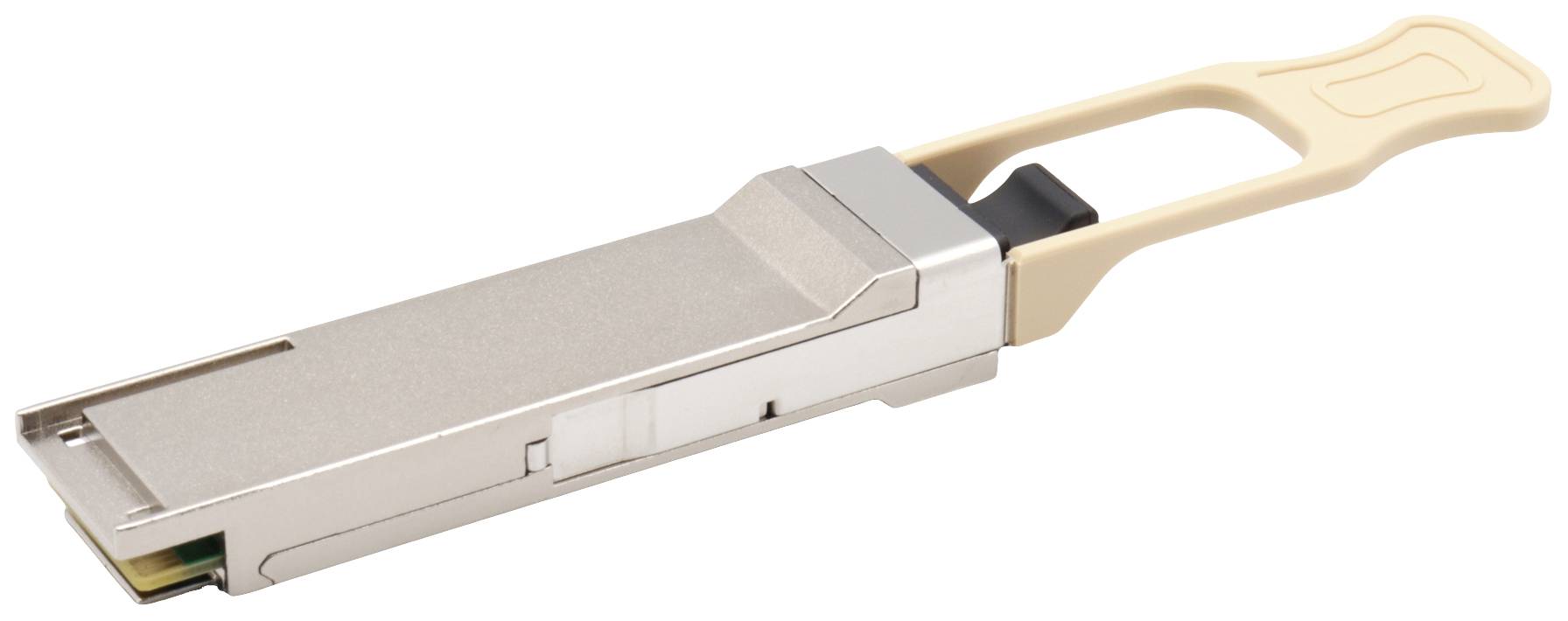 Un transceiver QSFP argenté avec un soulagement de traction beige. Un module de transmission de données pour des équipements réseau.