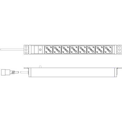Dessin d'un bloc multiprise à huit emplacements avec un câble de raccordement, présenté de face et de profil.