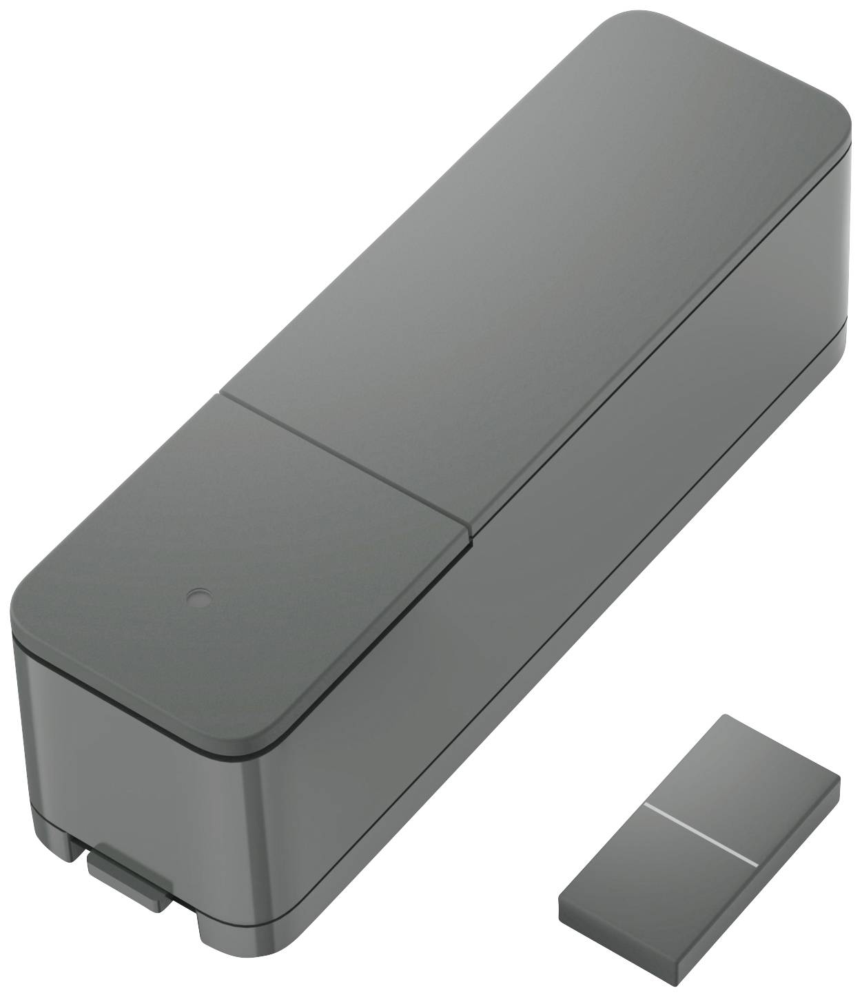 Boîtier électronique gris rectangulaire avec couvercle amovible, à côté d'un petit composant rectangulaire.