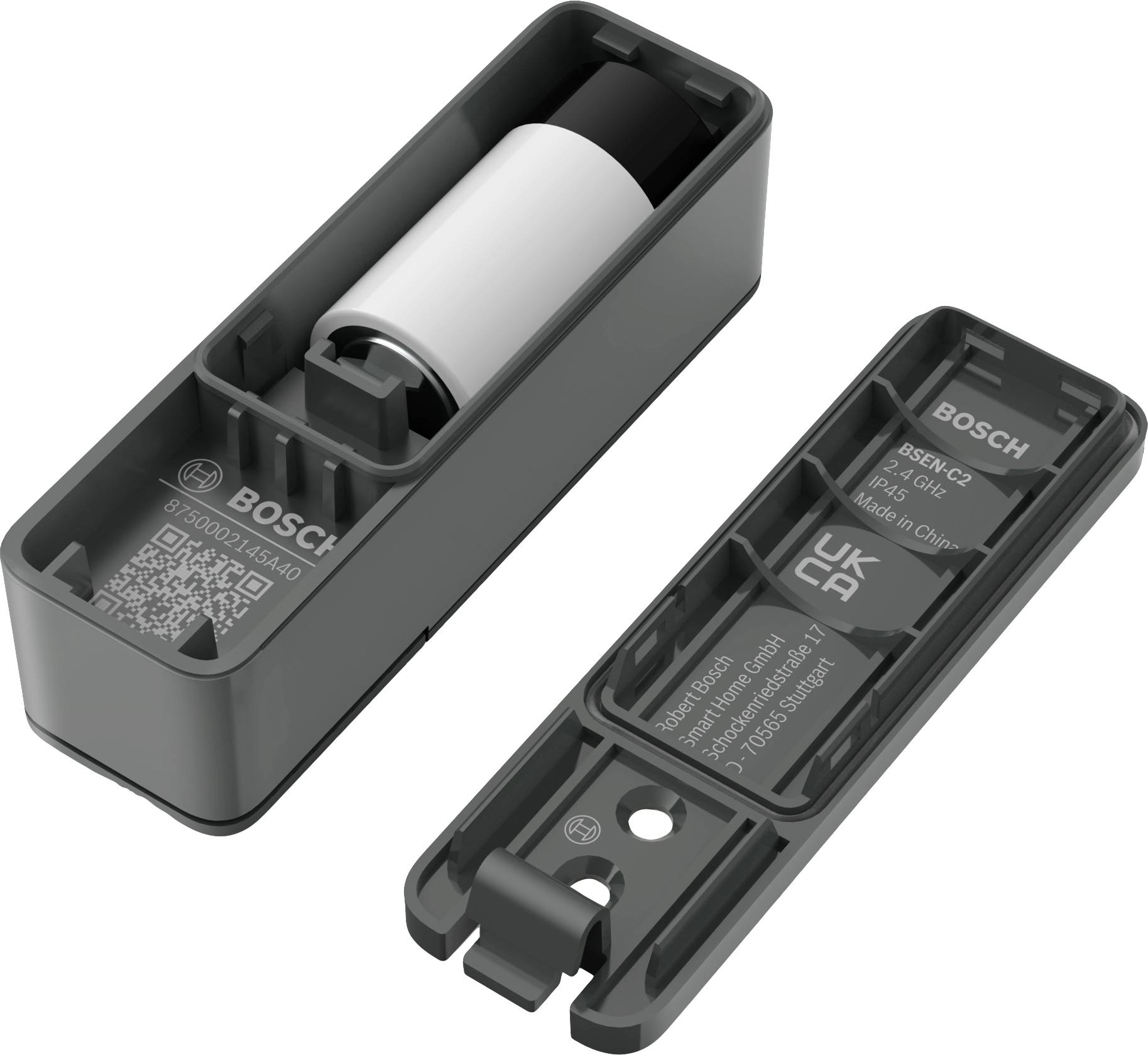 Un conteneur rectangulaire en plastique ouvert et fermé avec un compartiment pour batterie et un code QR, probablement destiné à un appareil Bosch.