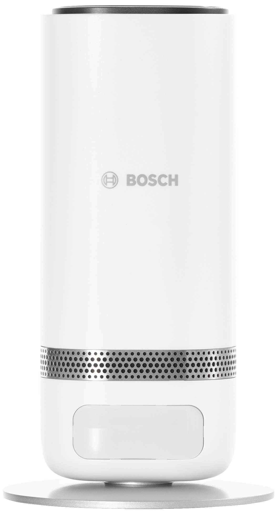 Un purificateur d'air blanc cylindrique de la marque Bosch, posé sur un socle rond.