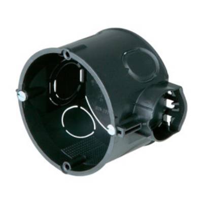 Boîte de dérivation noire en plastique avec des ouvertures rondes sur les côtés, utilisée pour le montage dans les murs en plaques de plâtre pour les installations électriques.