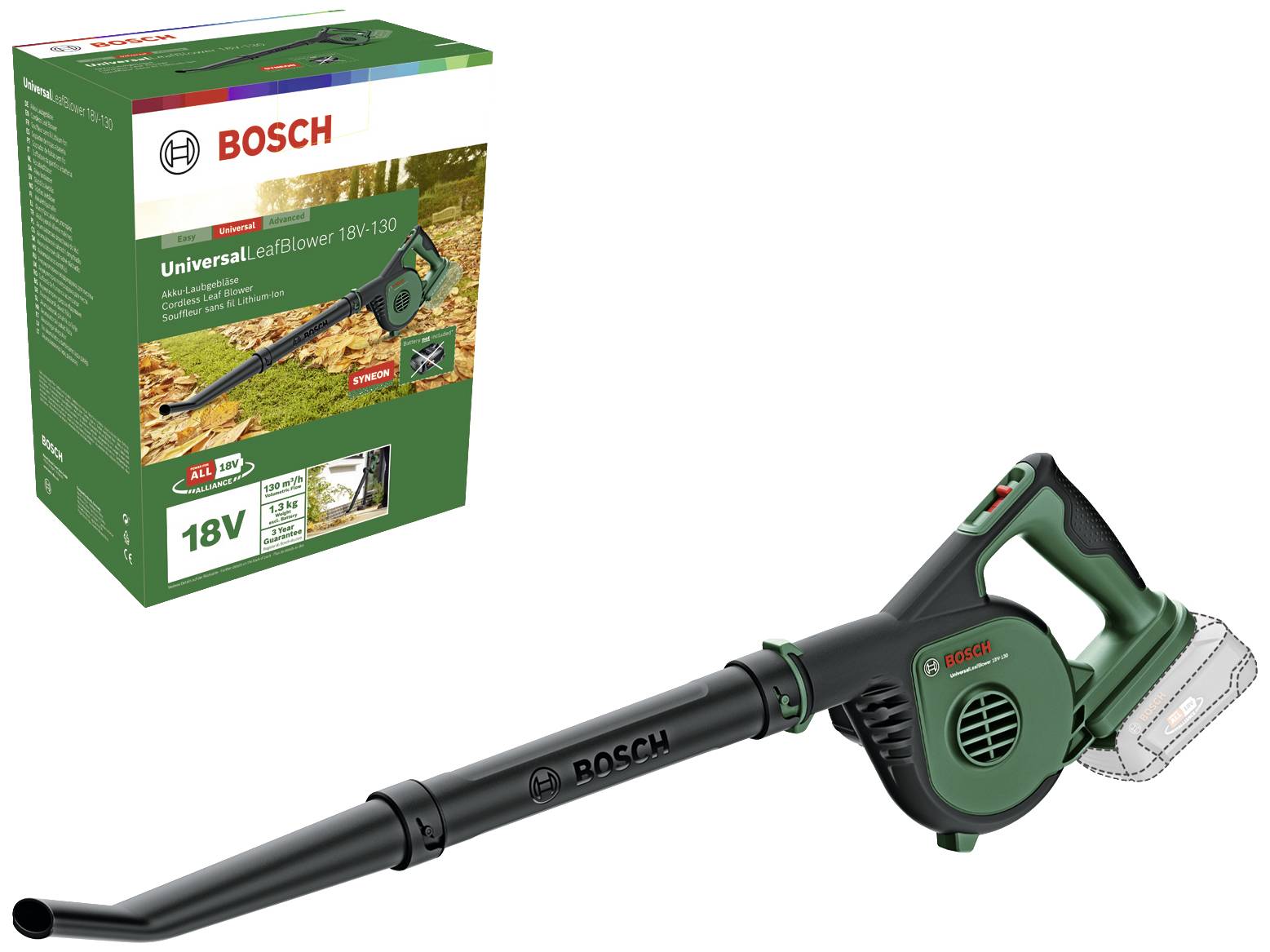 Le carton et le souffleur de feuilles 'Bosch UniversalLeafBlower 18V-130' illustrent le design du produit et sa fonctionnalité sans fil.
