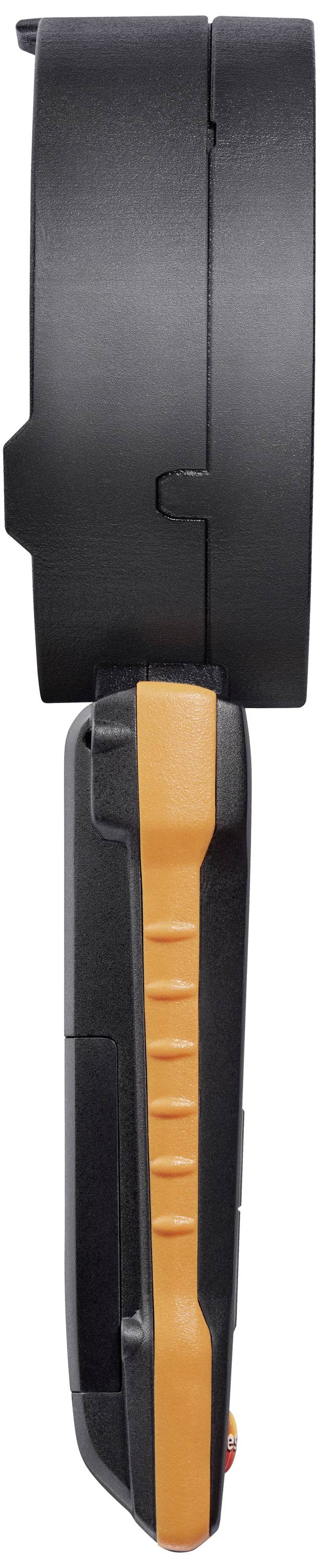 Vue de côté d'un appareil électronique orange et noir, probablement un instrument de mesure, sur un fond blanc.