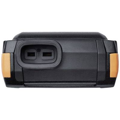 Une batterie noire, rectangulaire, avec deux parties latérales orange et un port de charge rectangulaire situé au centre du dessus.