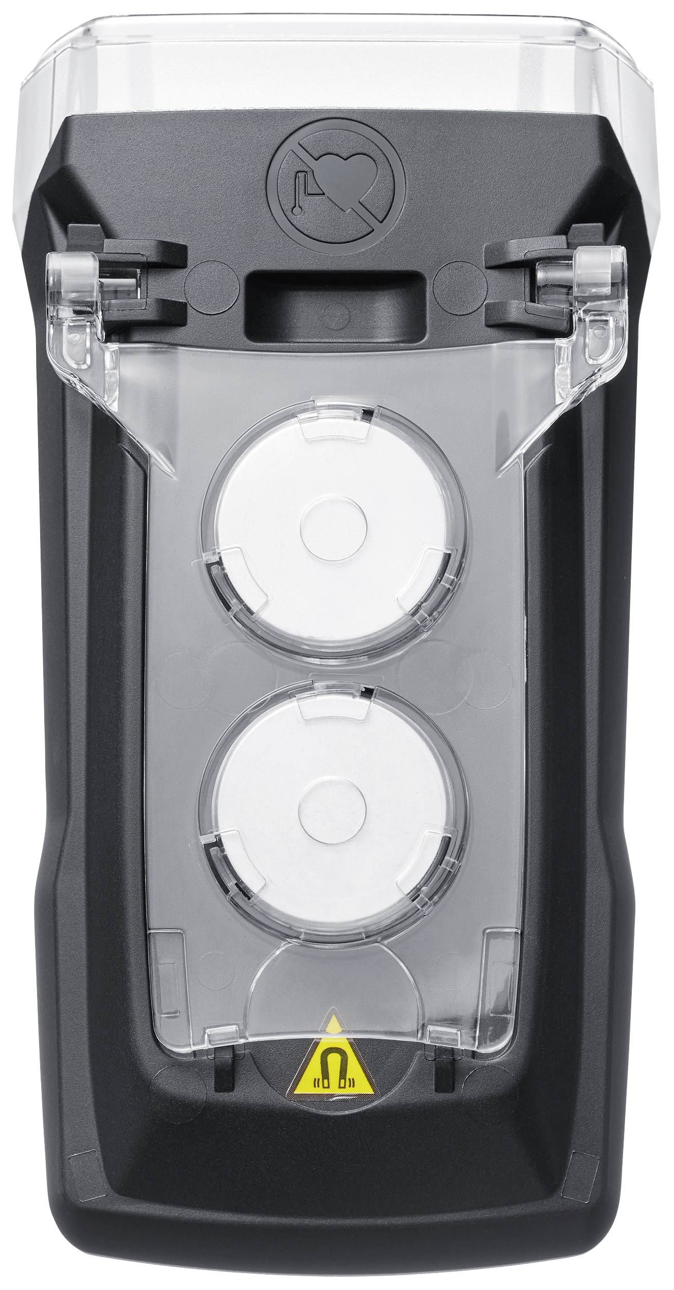 Un boîtier en plastique noir avec un couvercle transparent montre deux objets circulaires, possiblement des batteries ou des électrodes. Un symbole de cœur est visible en haut.