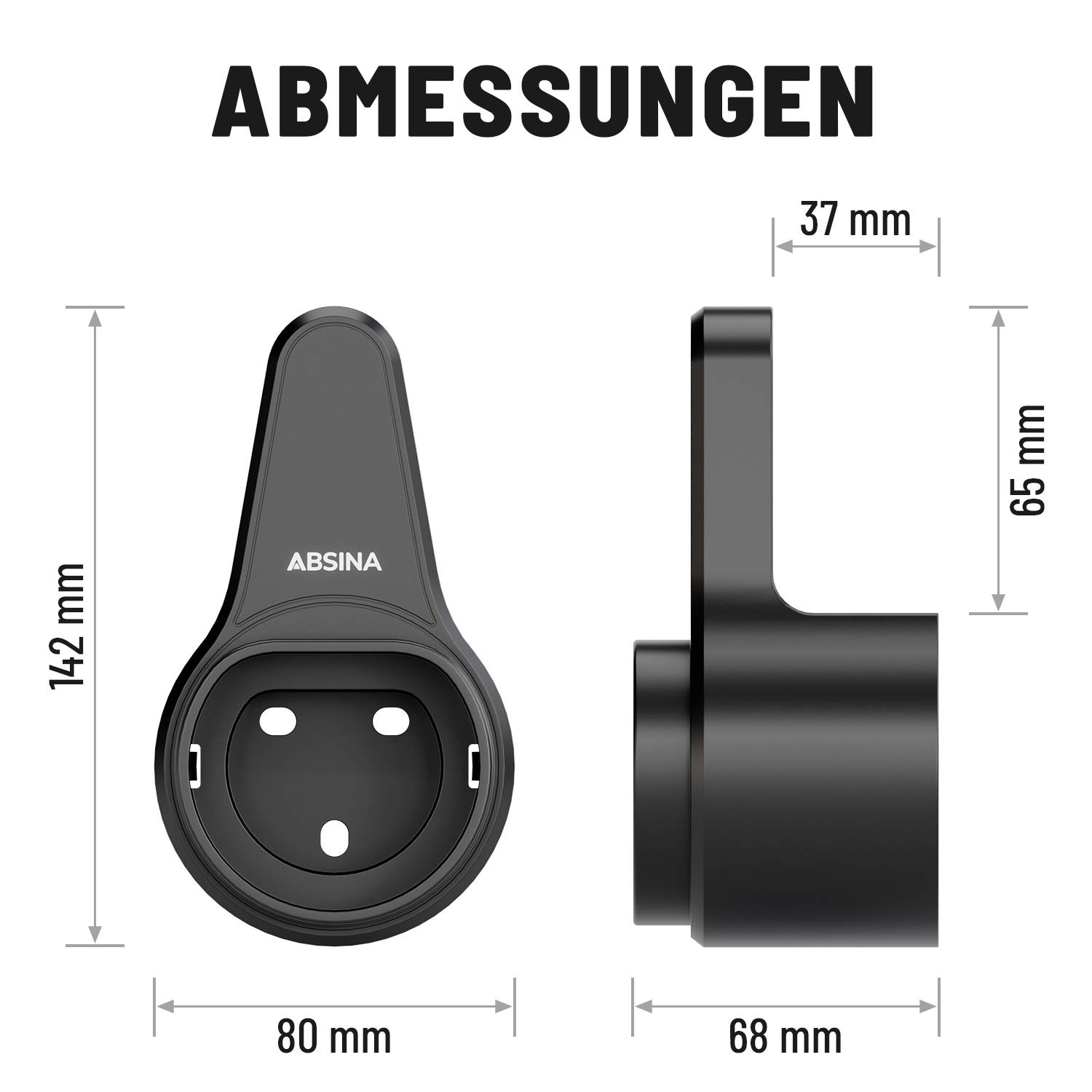 Illustration d'un adaptateur de prise avec les dimensions suivantes : hauteur 142 mm, largeur 80 mm, vue latérale 68 mm, hauteur totale 65 mm.