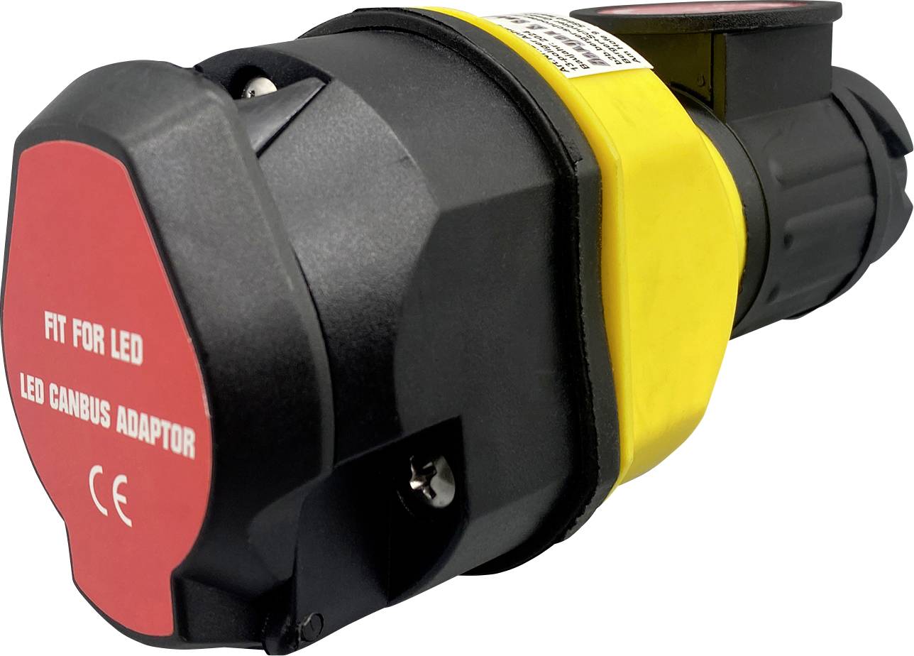Un adaptateur portant l'inscription 'Fit for LED, LED CANBUS Adaptor'. Boîtier noir avec une manchette jaune, marquage CE visible.