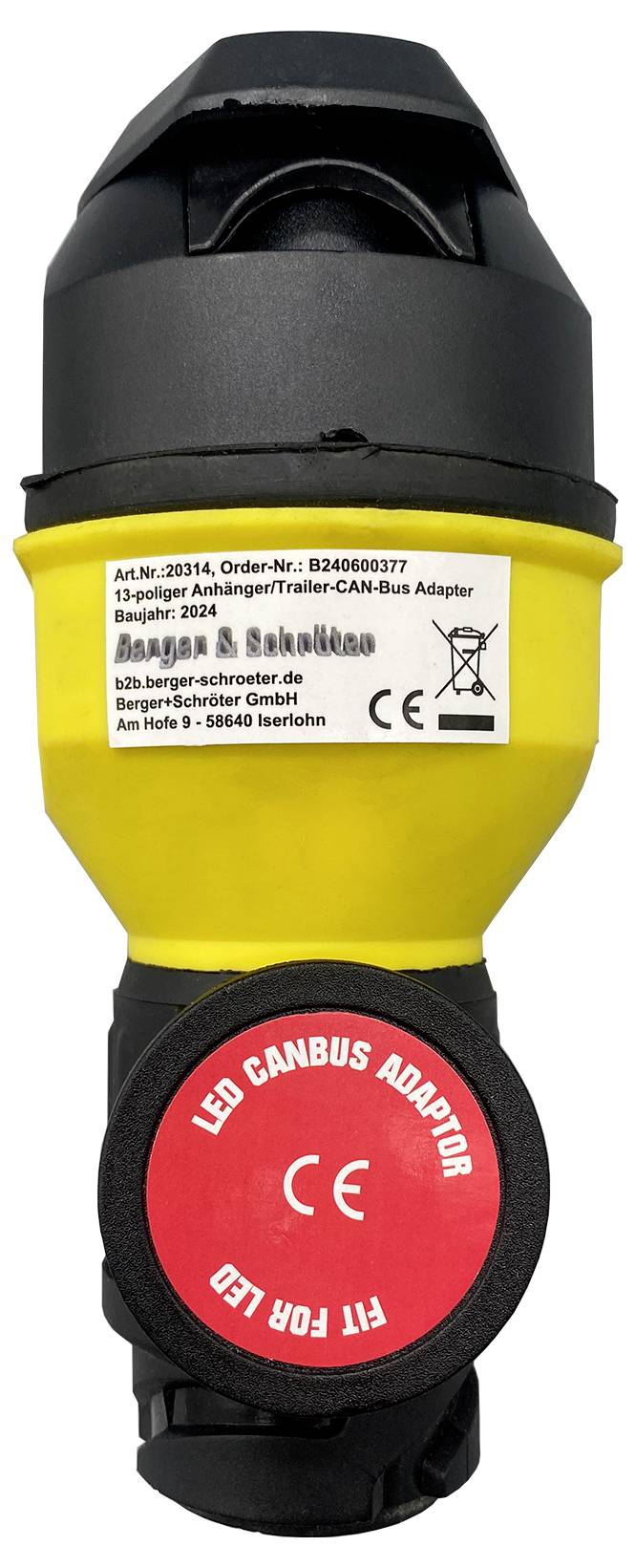 Appareil électronique jaune avec boîtier noir, l'étiquette affiche les informations du fabricant et les valeurs nominales. Identifié comme adaptateur CAN-Bus.