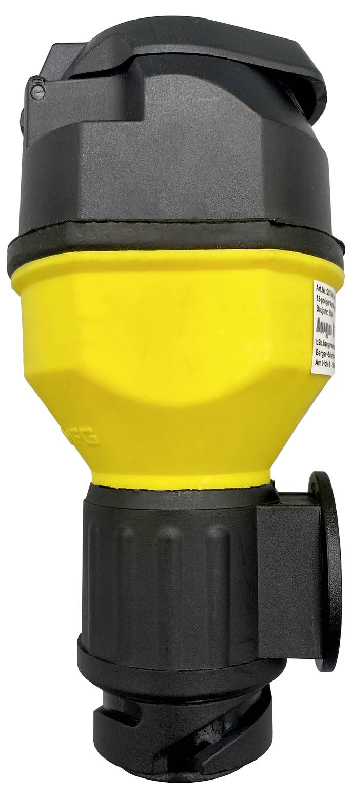 Fiche industrielle jaune et noire avec poignée striée. Adaptée aux connexions de machines lourdes.