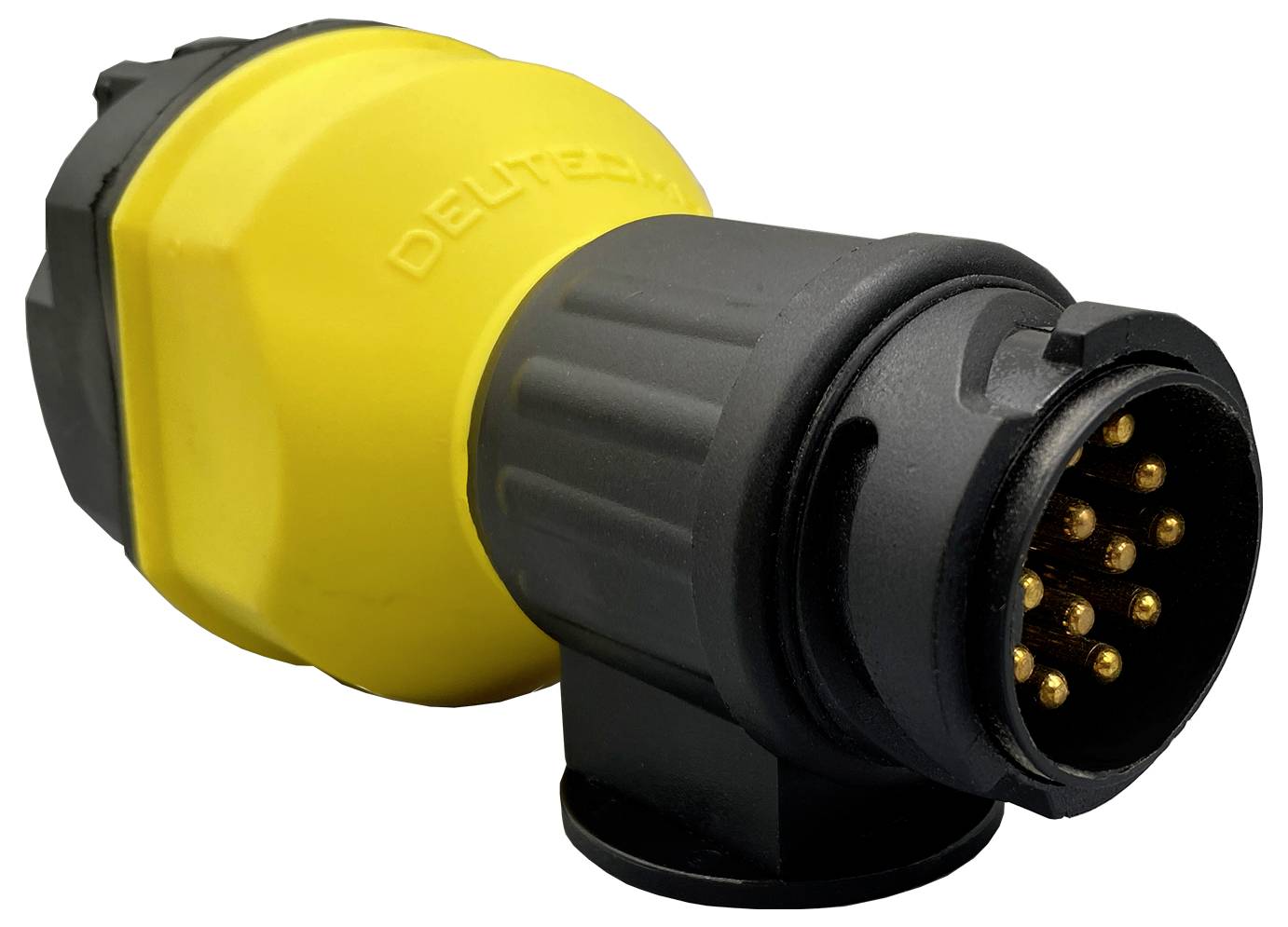 Connecteur électrique jaune et noir à broches multiples, utilisé pour des connexions sécurisées dans des appareils techniques.