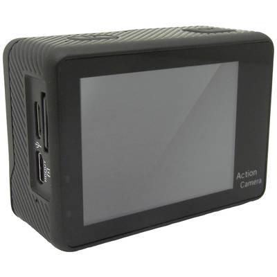 Caméra d'action noire avec écran et plusieurs ports sur le côté, notamment des emplacements USB et Micro-SD.