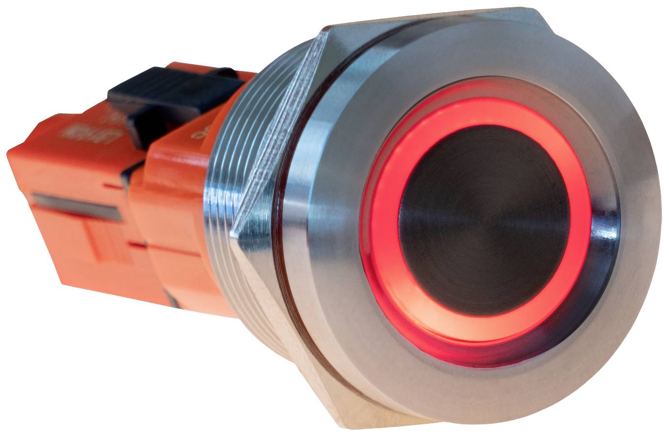 Un bouton-poussoir métallique rond avec voyant LED rouge, adapté aux applications industrielles.