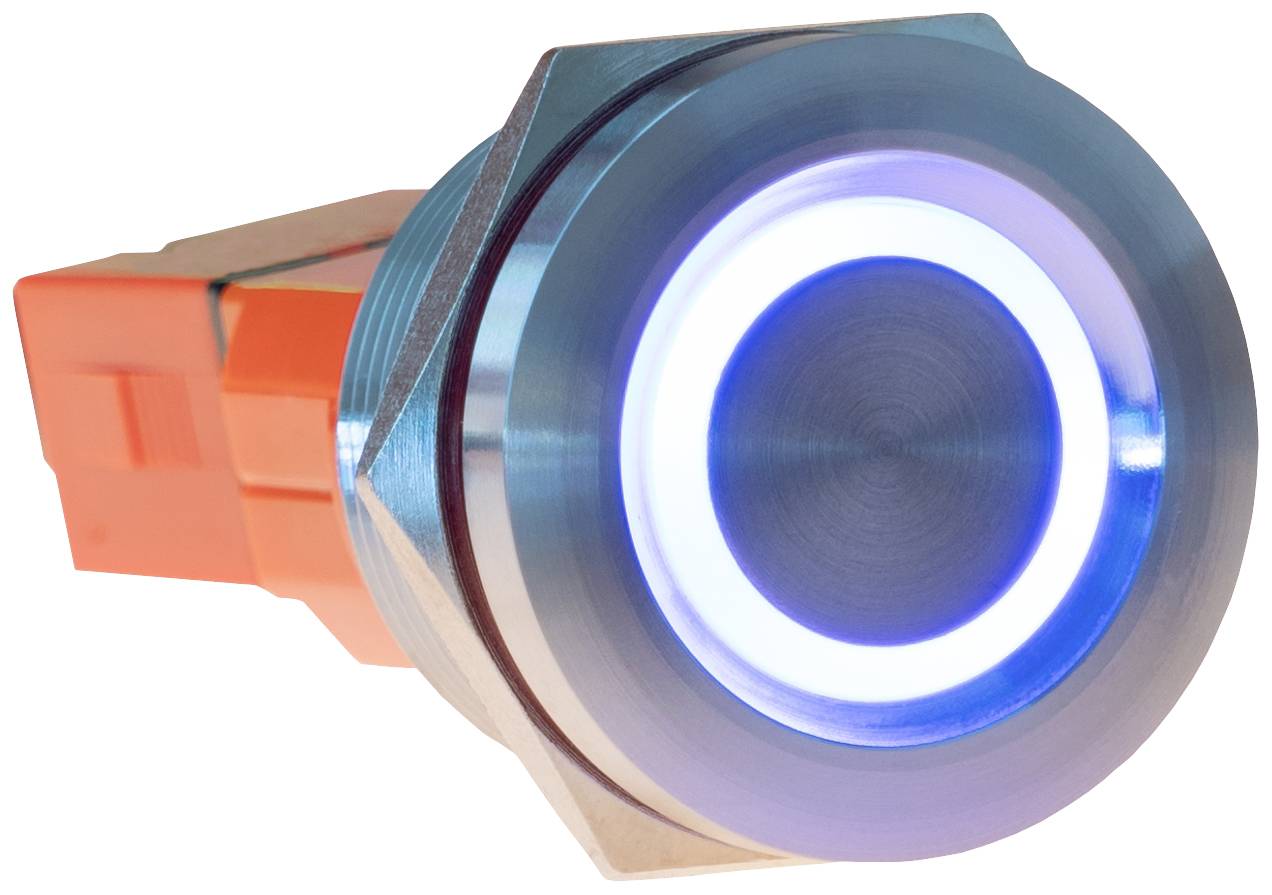Interrupteur à bouton-poussoir avec anneau lumineux bleu et surface métallique. L'interrupteur dispose d'un raccordement orange et convient aux applications industrielles.