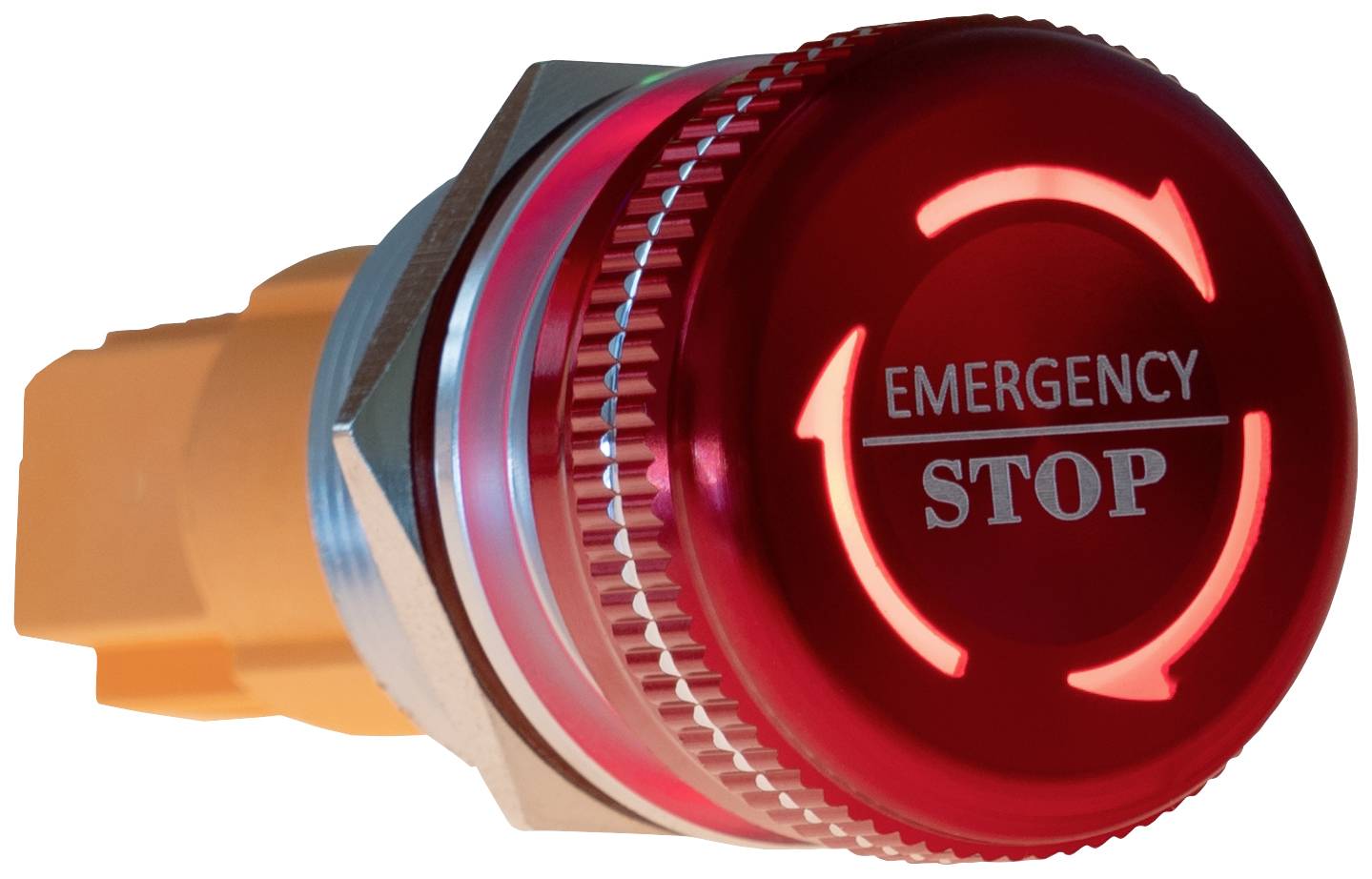 Bouton d'arrêt d'urgence rouge portant l'inscription 'EMERGENCY STOP'. Signale une possibilité immédiate d'arrêt en cas d'urgence.