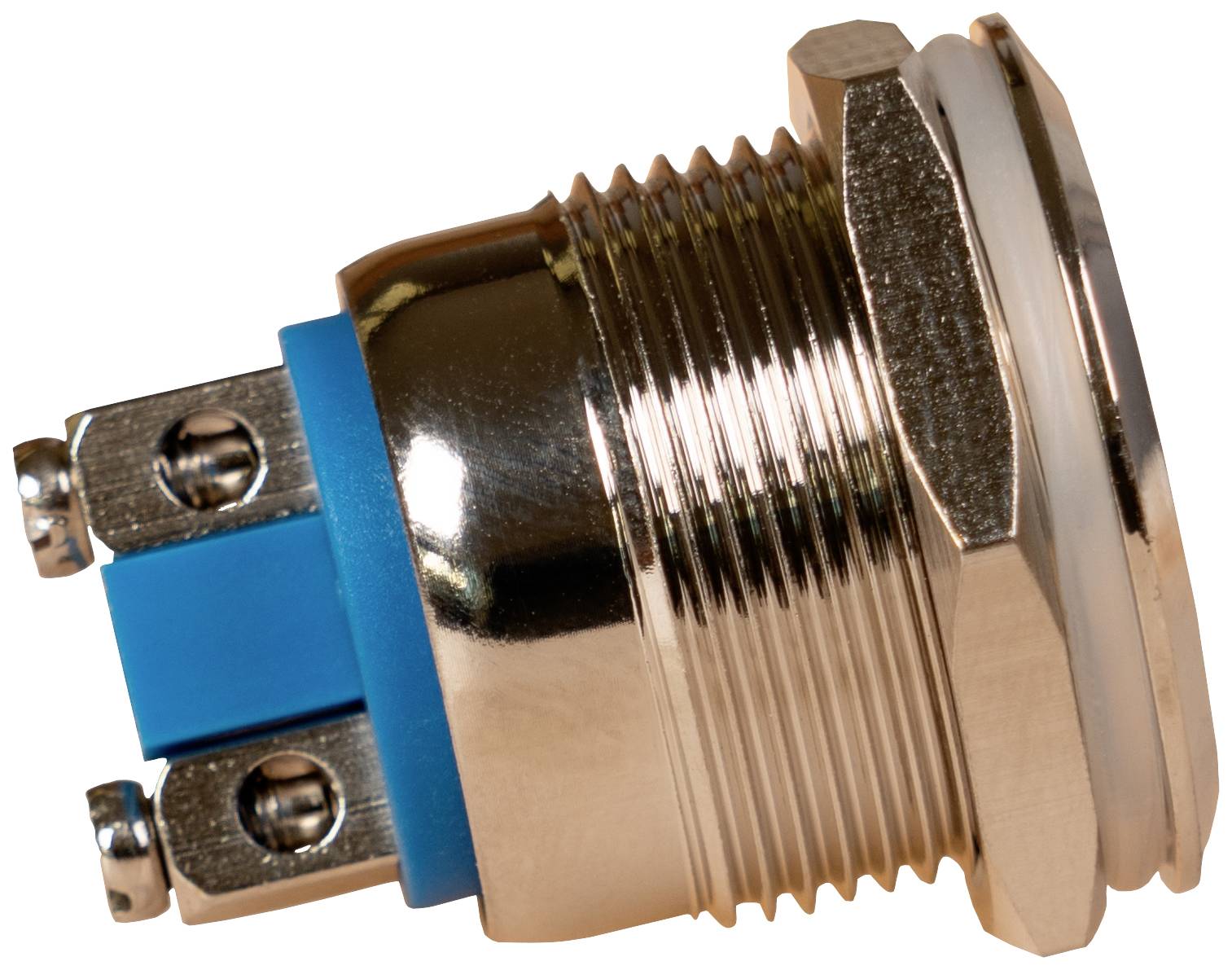 Fiche métallique avec deux connexions bleues, vue latérale. Adaptée pour connecter des appareils électriques.