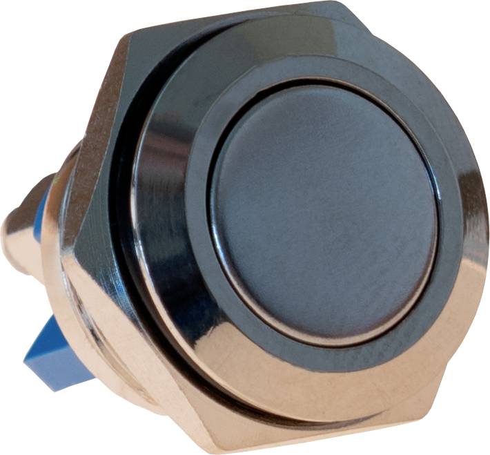 Bouton métallique rond avec un cadre hexagonal et un obturateur en plastique bleu à l'arrière, utilisé pour la mise en marche ou l'activation.