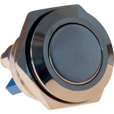 Bouton métallique rond avec un cadre hexagonal et un obturateur en plastique bleu à l'arrière, utilisé pour la mise en marche ou l'activation.
