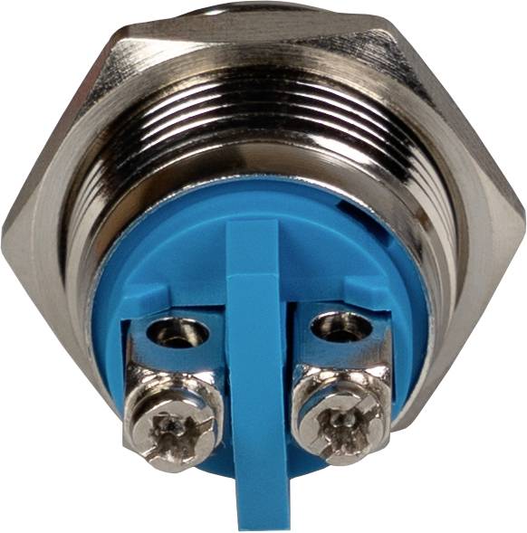 Gros plan d'un connecteur électrique bleu avec un filetage métallique et deux bornes à vis, disposés de manière symétrique.