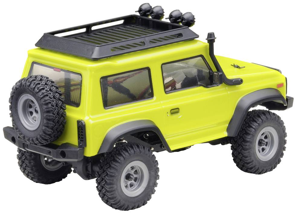 Véhicule tout-terrain miniature en jaune éclatant, avec de grandes roues et un porte-bagages de toit. La vue arrière révèle des détails réalistes.