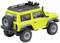Véhicule tout-terrain miniature en jaune éclatant, avec de grandes roues et un porte-bagages de toit. La vue arrière révèle des détails réalistes.