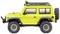 Un véhicule tout-terrain jouet jaune avec de grandes roues et des détails noirs, photographié de côté.