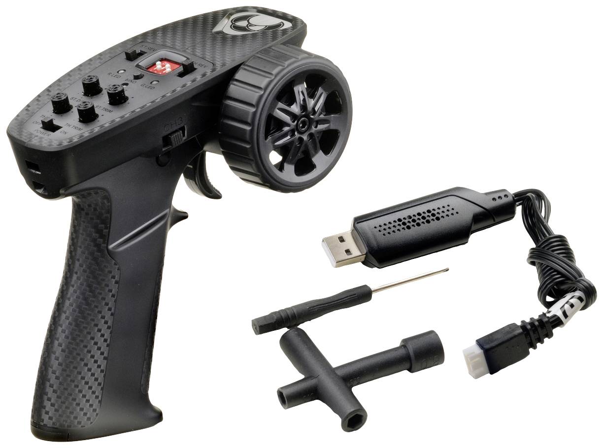 Émetteur radio de type pistolet avec grande roue, outil à vis et câble de charge USB. Adapté pour les véhicules télécommandés.