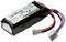 Batterie LiPo rechargeable de 7,4V et 600mAh, avec câbles rouge et bleu et connecteurs blancs.