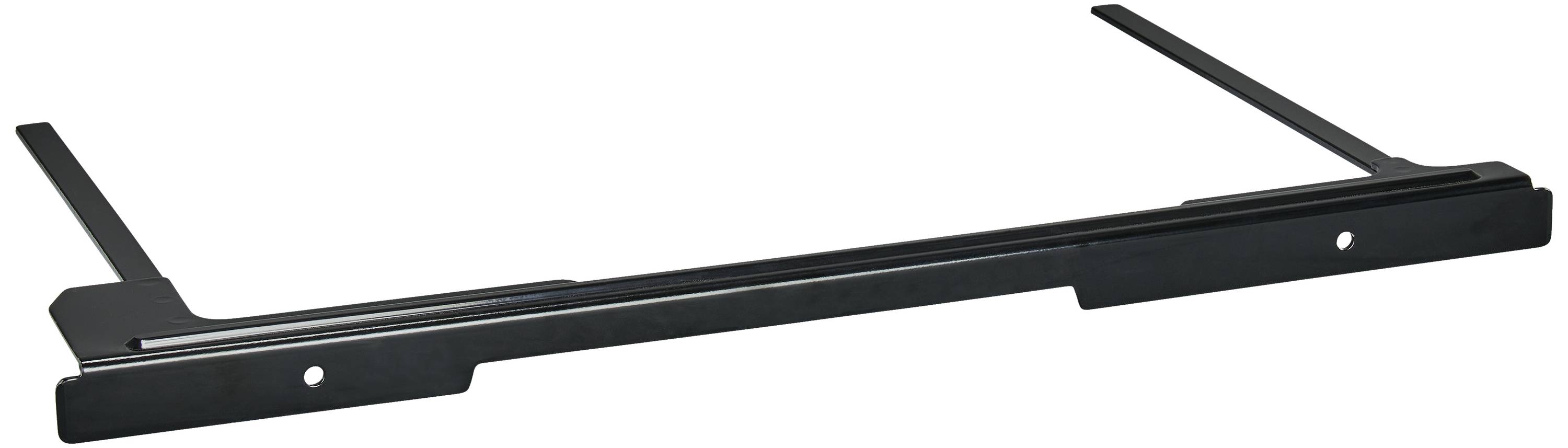 Support d'angle en métal noir, rectangulaire, avec deux bras prolongés, utilisé pour la fixation ou la stabilisation de structures.